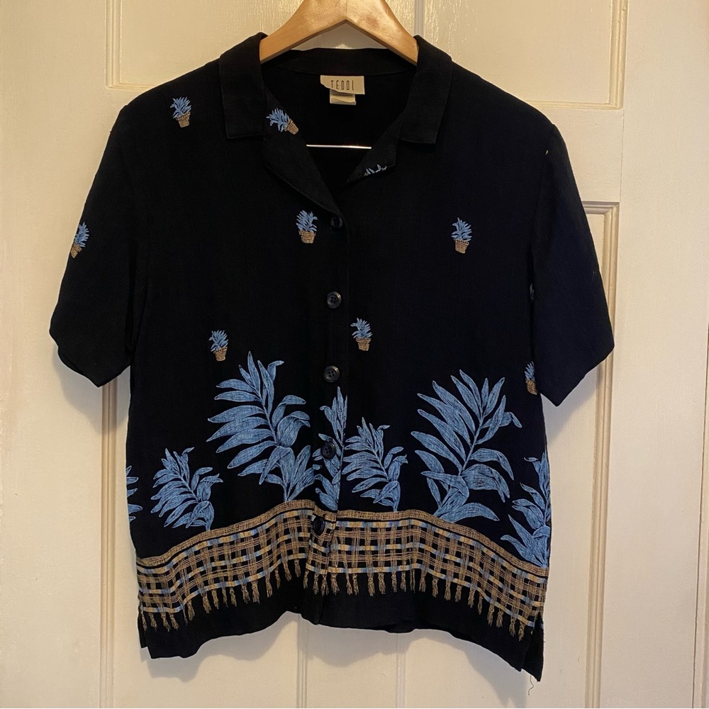 Teddi Black Shirt with Blue Leaf Design
